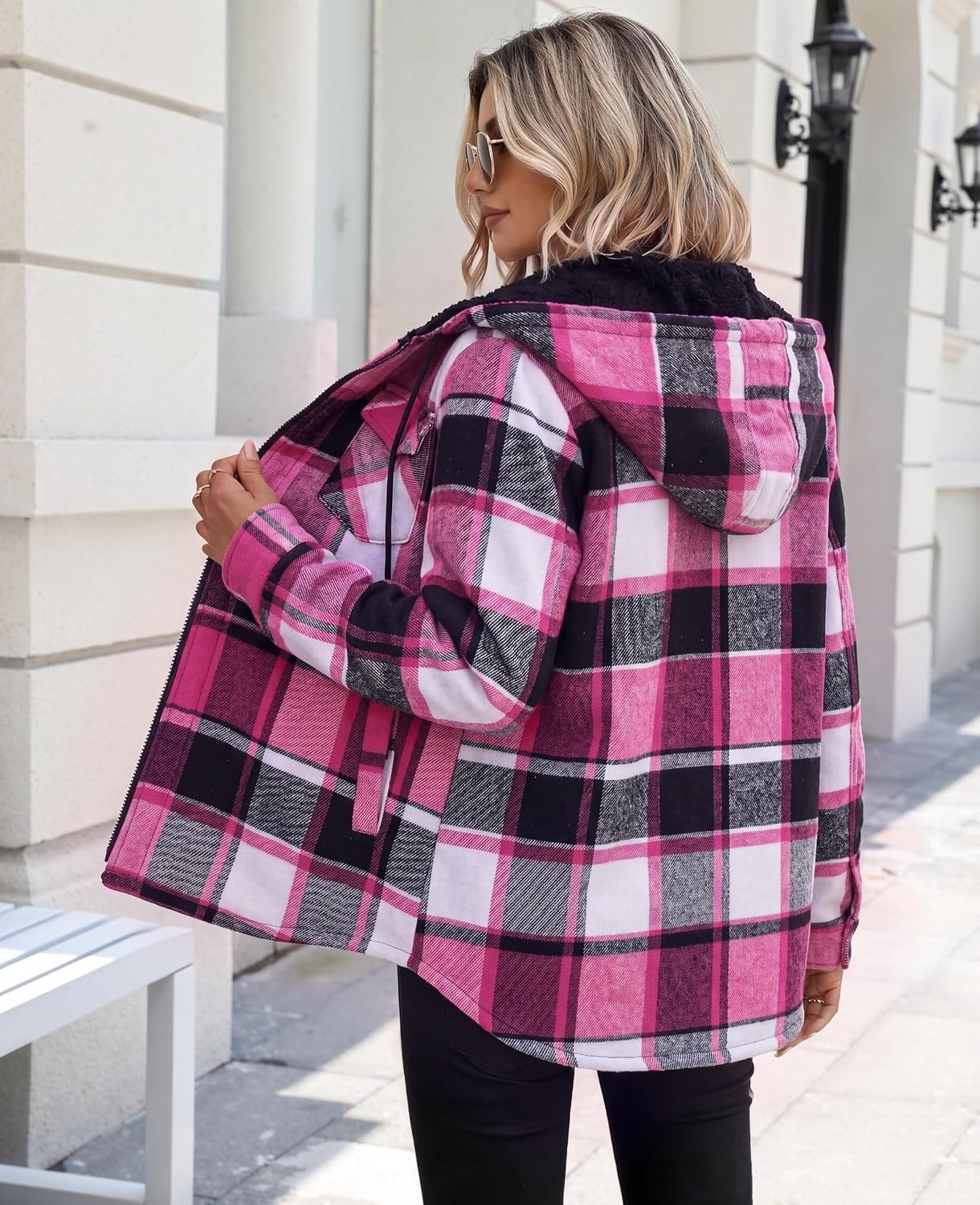 image:imageZeagoo Womens Flannel Jacket Plaid Fleece Lined Shacket Hooded Winter CoatsHot Pink Gz553