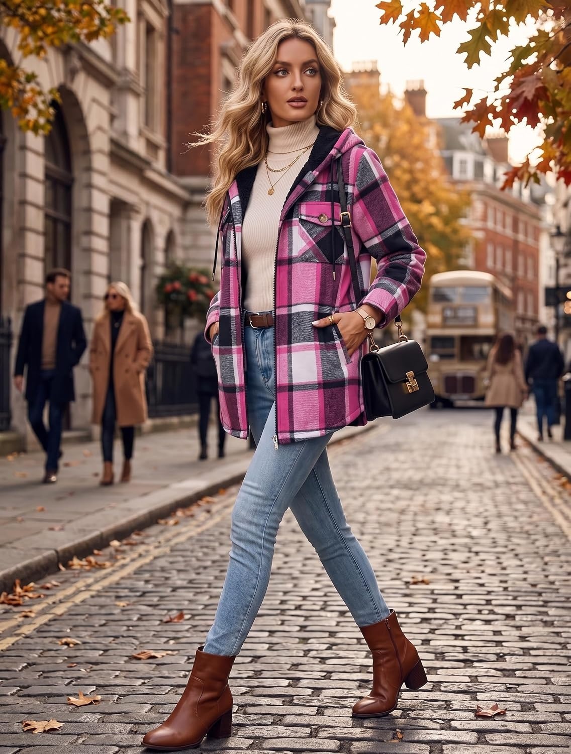 image:imageZeagoo Womens Flannel Jacket Plaid Fleece Lined Shacket Hooded Winter CoatsHot Pink Gz553