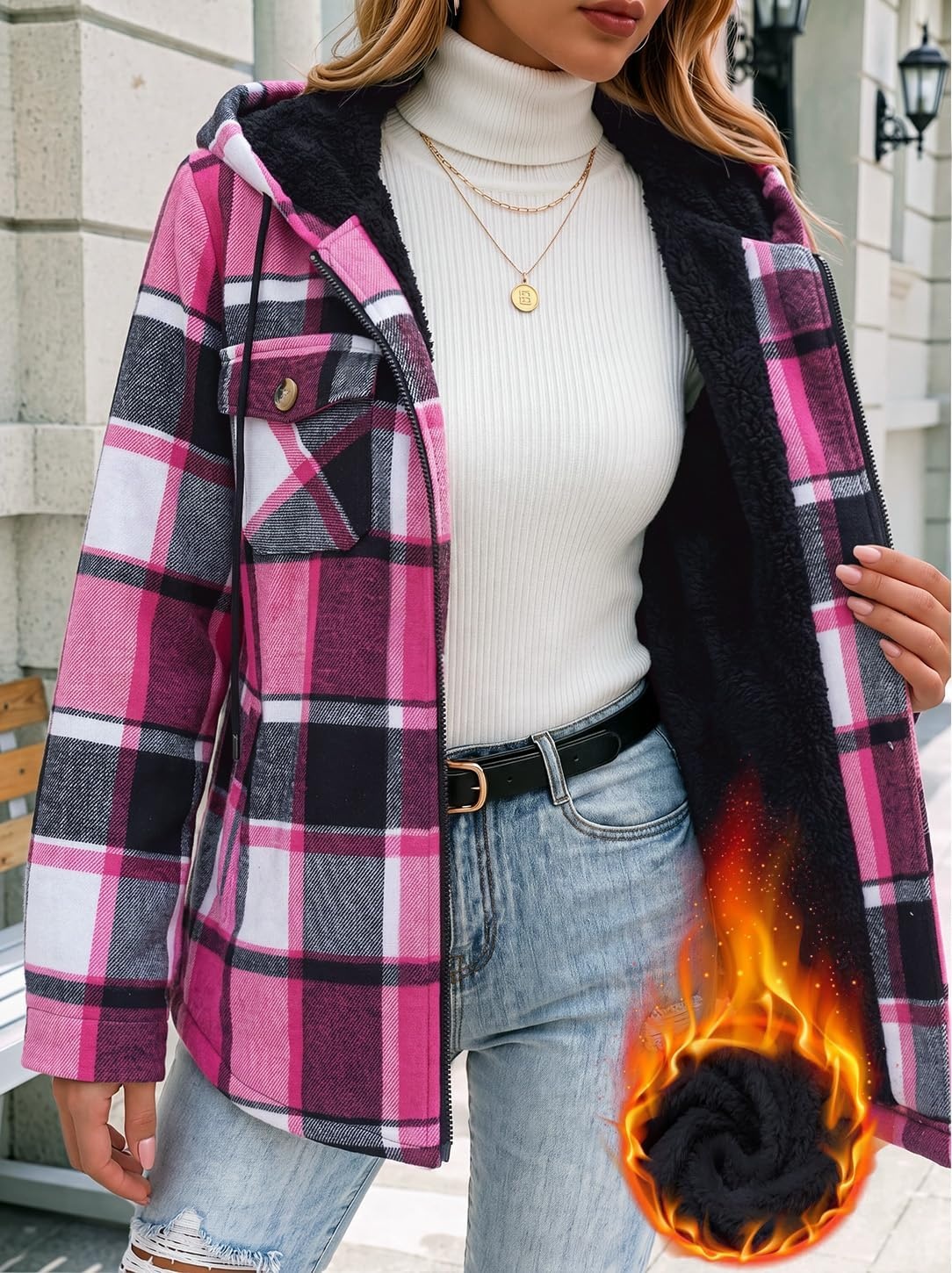 image:imageZeagoo Womens Flannel Jacket Plaid Fleece Lined Shacket Hooded Winter CoatsHot Pink Gz553