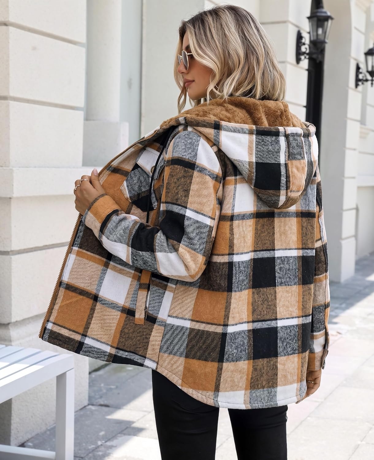 image:imageZeagoo Womens Flannel Jacket Plaid Fleece Lined Shacket Hooded Winter CoatsKhaki Gz539