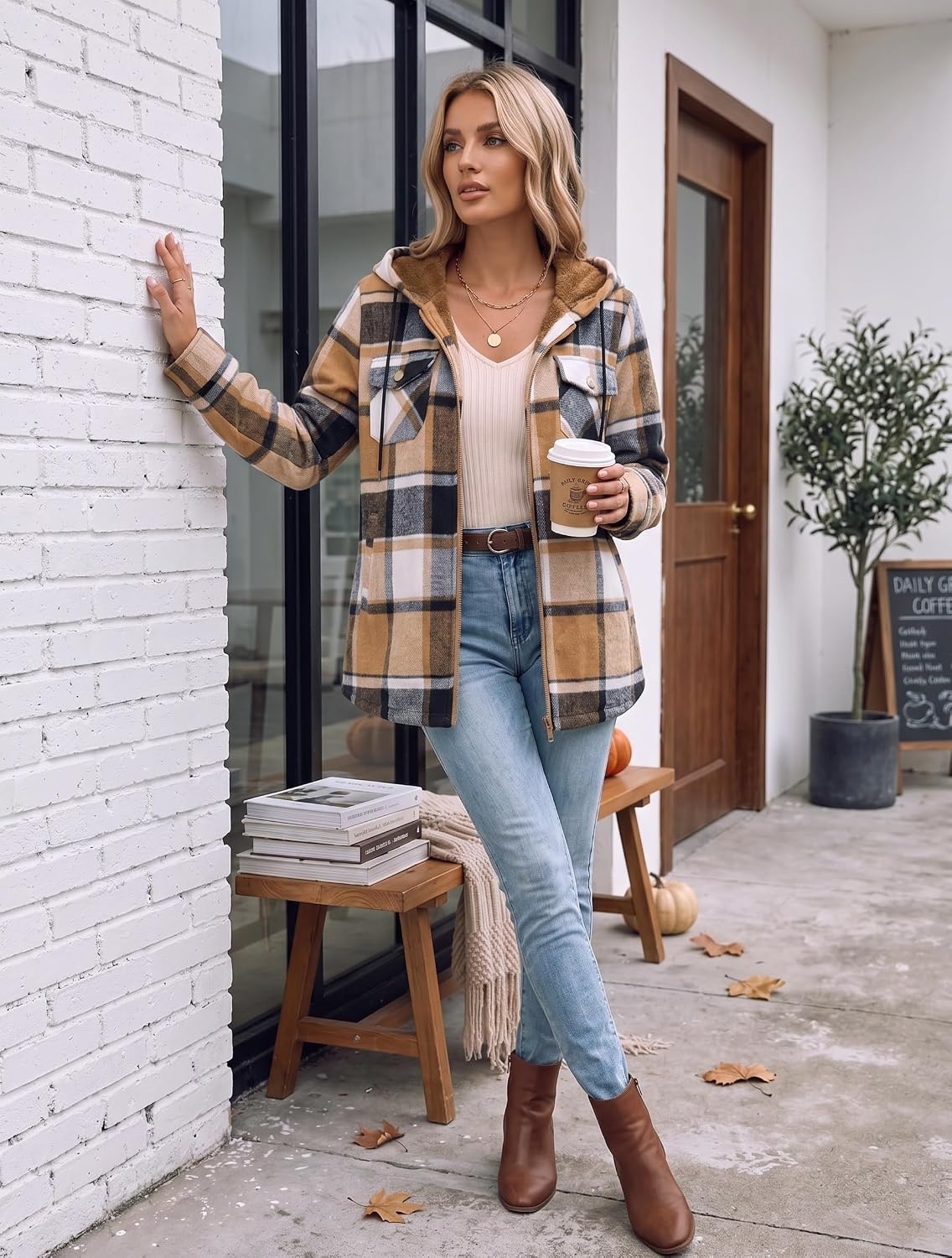image:imageZeagoo Womens Flannel Jacket Plaid Fleece Lined Shacket Hooded Winter CoatsKhaki Gz539