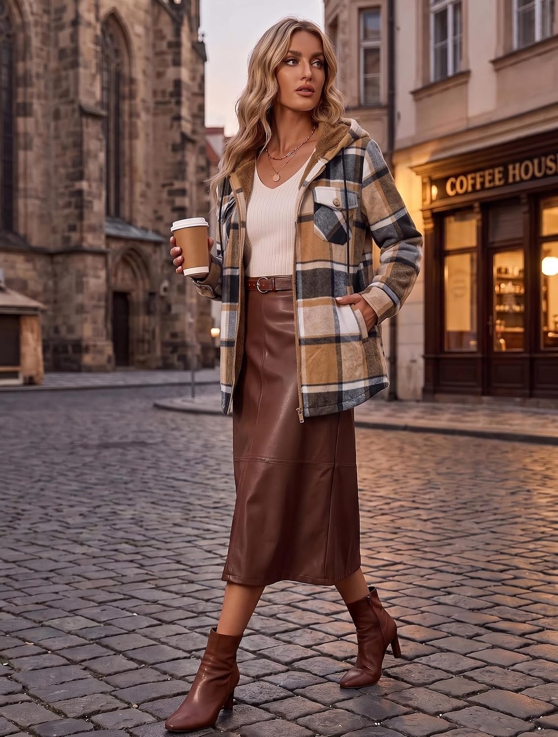 image:imageZeagoo Womens Flannel Jacket Plaid Fleece Lined Shacket Hooded Winter CoatsKhaki Gz539