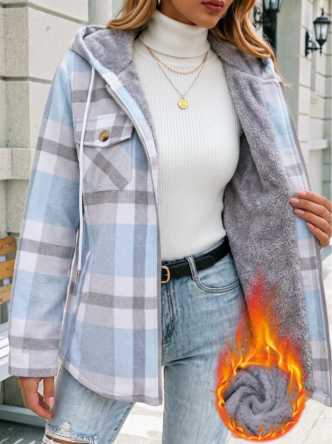 image:imageZeagoo Womens Flannel Jacket Plaid Fleece Lined Shacket Hooded Winter CoatsLight Blue Gw570