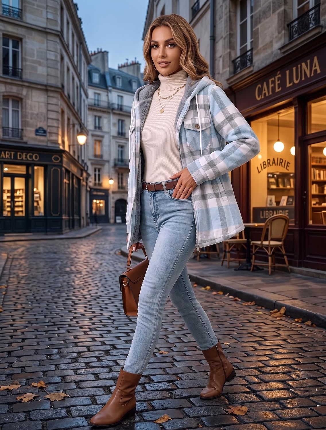 image:imageZeagoo Womens Flannel Jacket Plaid Fleece Lined Shacket Hooded Winter CoatsLight Blue Gw570