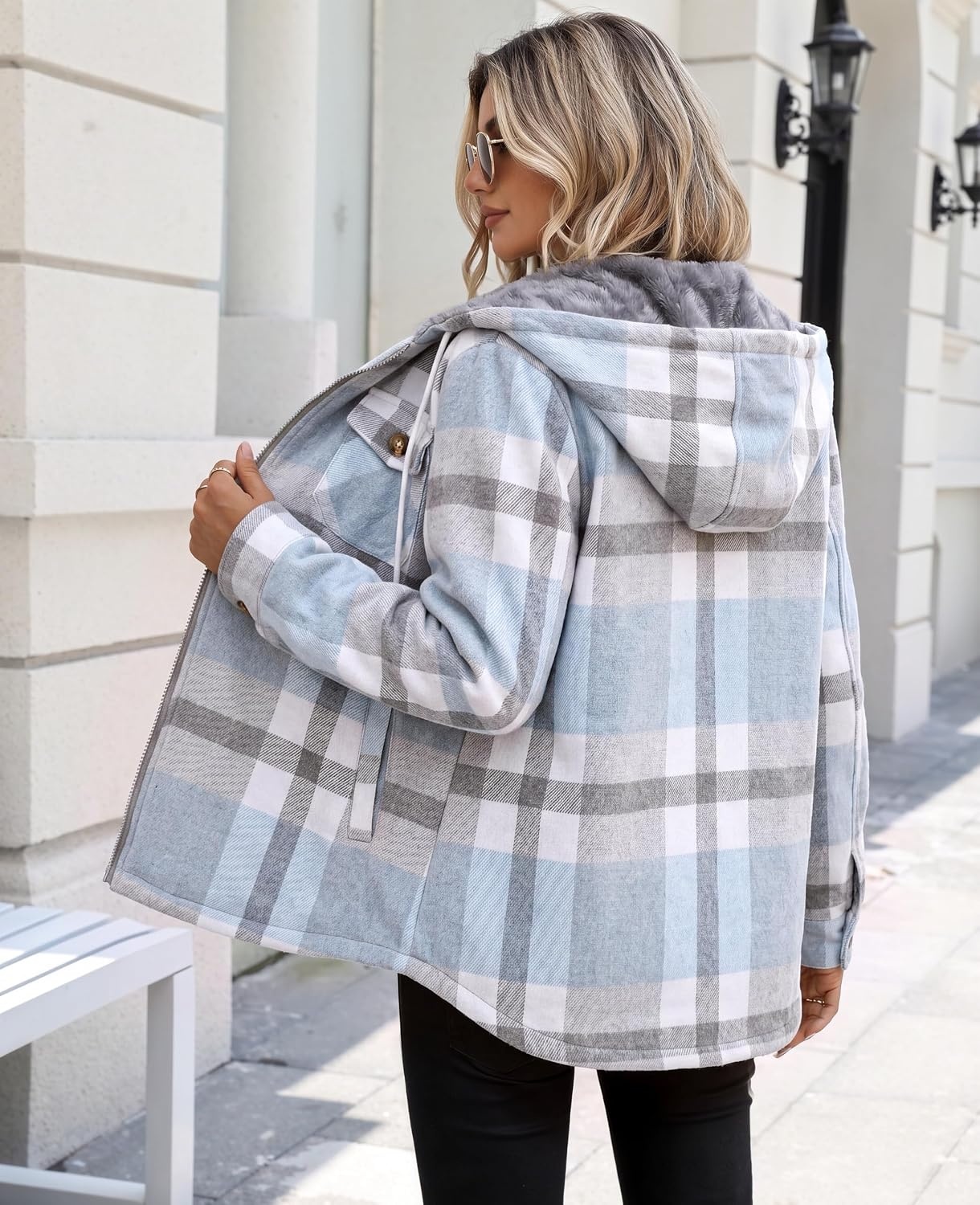 image:imageZeagoo Womens Flannel Jacket Plaid Fleece Lined Shacket Hooded Winter CoatsLight Blue Gw570