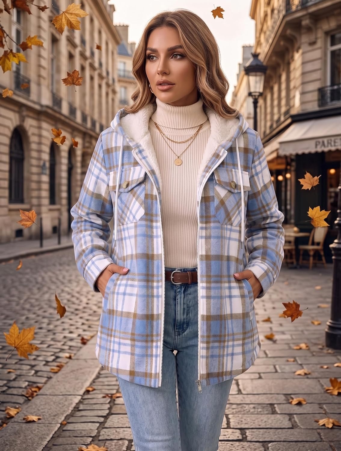 image:imageZeagoo Womens Flannel Jacket Plaid Fleece Lined Shacket Hooded Winter CoatsLight Blue Gz866