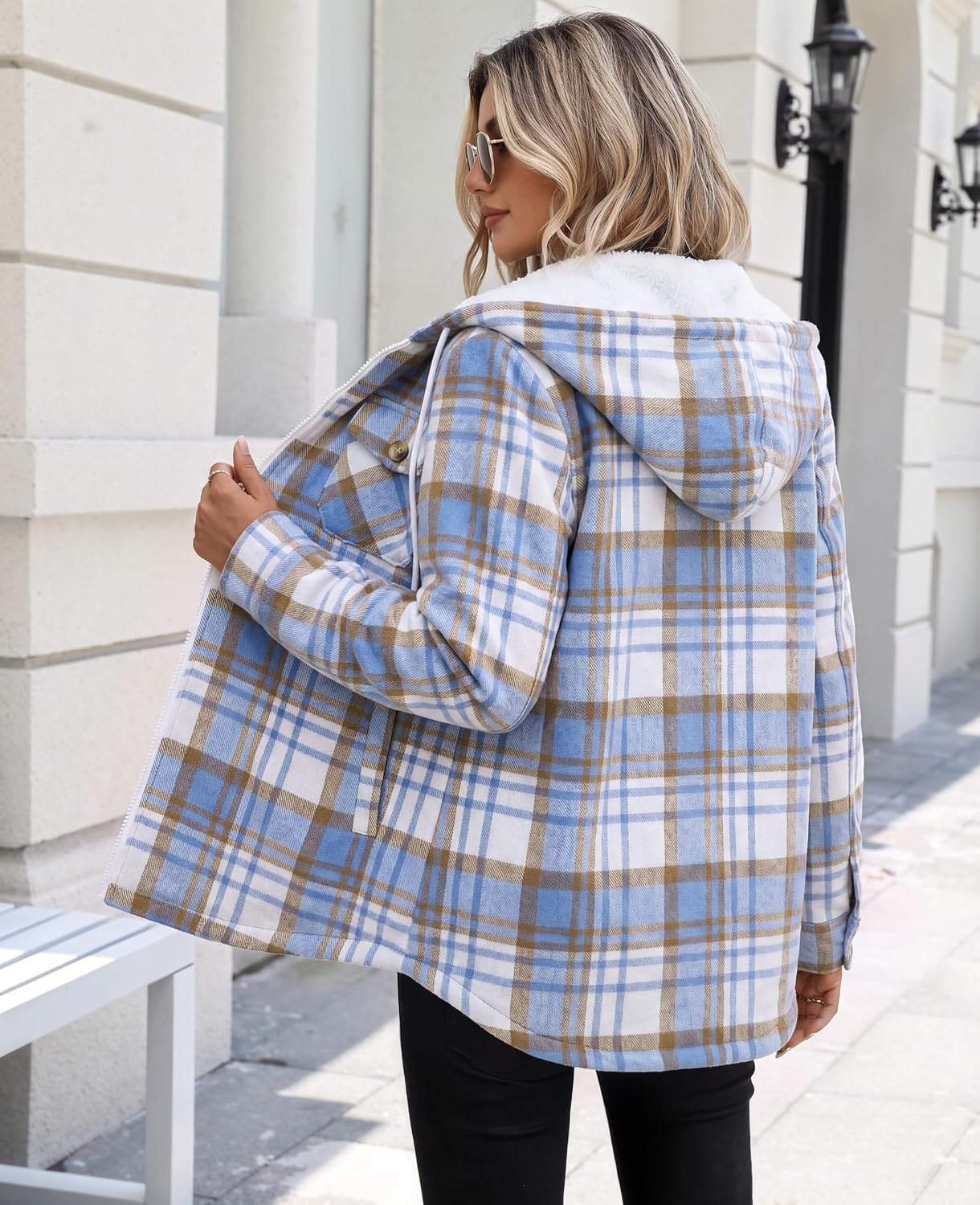 image:imageZeagoo Womens Flannel Jacket Plaid Fleece Lined Shacket Hooded Winter CoatsLight Blue Gz866