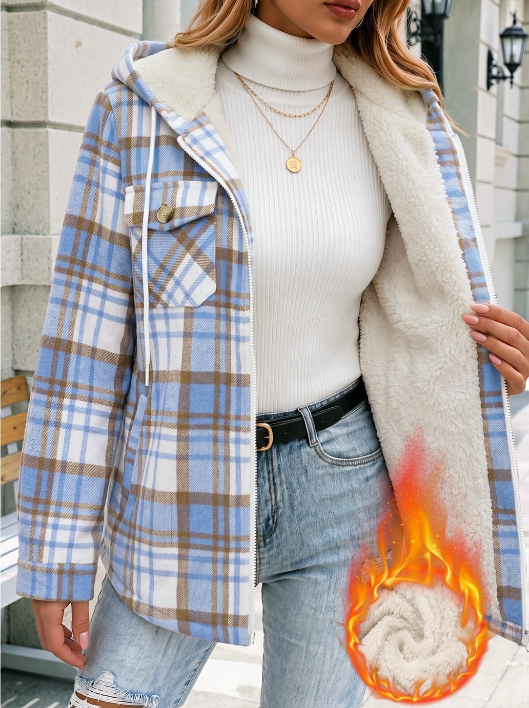 image:imageZeagoo Womens Flannel Jacket Plaid Fleece Lined Shacket Hooded Winter CoatsLight Blue Gz866