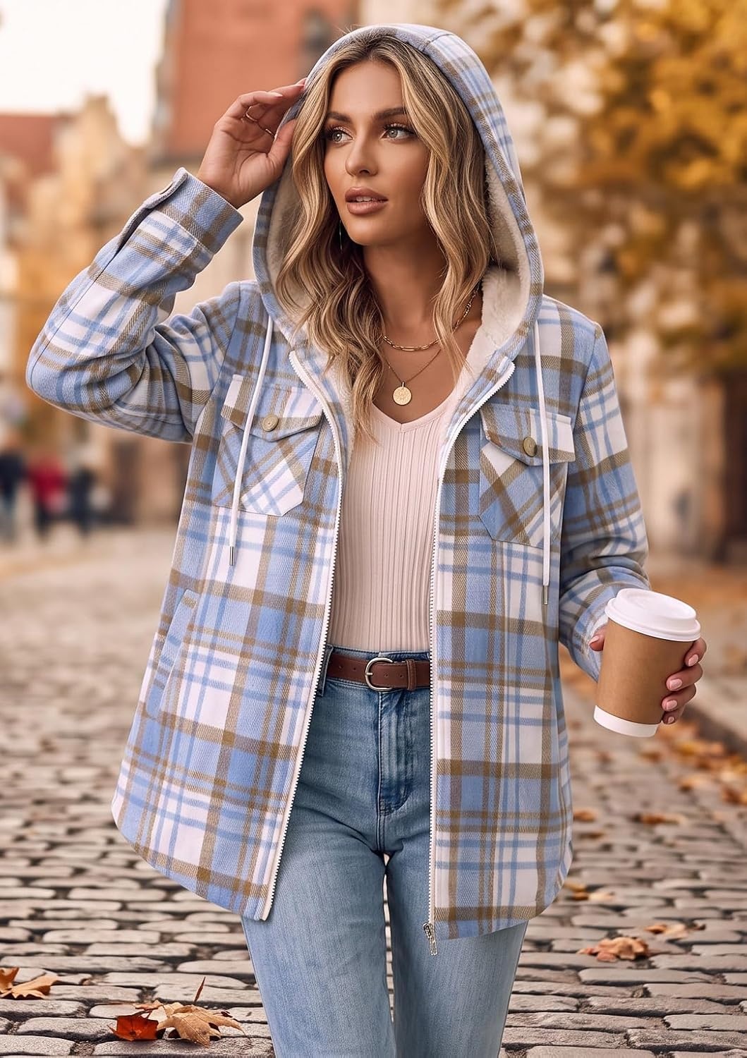 image:imageZeagoo Womens Flannel Jacket Plaid Fleece Lined Shacket Hooded Winter CoatsLight Blue Gz866