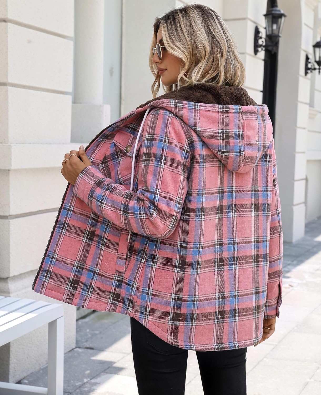 image:imageZeagoo Womens Flannel Jacket Plaid Fleece Lined Shacket Hooded Winter CoatsPink Gw571