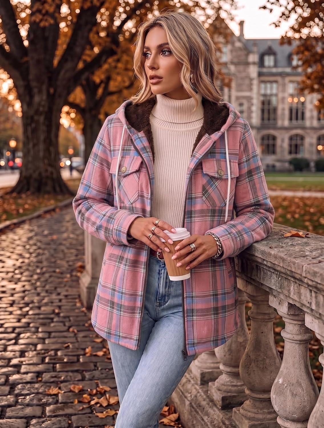 image:imageZeagoo Womens Flannel Jacket Plaid Fleece Lined Shacket Hooded Winter CoatsPink Gw571