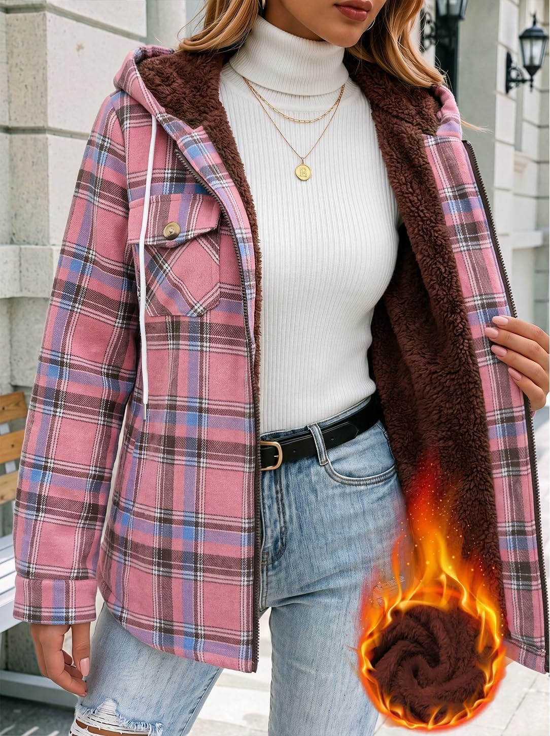 image:imageZeagoo Womens Flannel Jacket Plaid Fleece Lined Shacket Hooded Winter CoatsPink Gw571