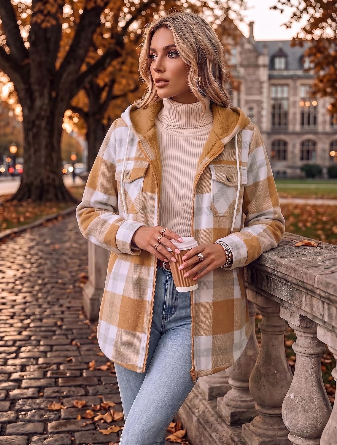 image:imageZeagoo Womens Flannel Jacket Plaid Fleece Lined Shacket Hooded Winter CoatsPumpkingw578