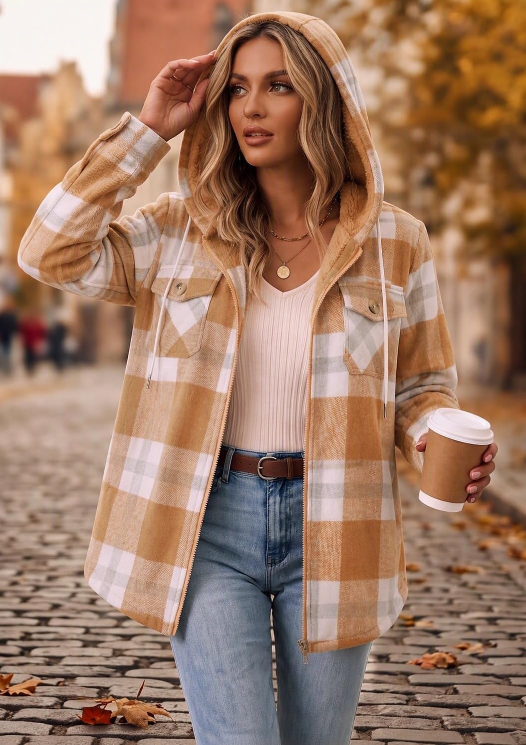 image:imageZeagoo Womens Flannel Jacket Plaid Fleece Lined Shacket Hooded Winter CoatsPumpkingw578