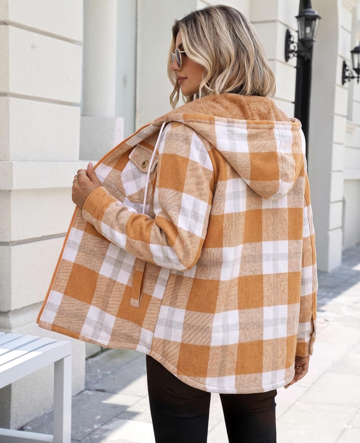 image:imageZeagoo Womens Flannel Jacket Plaid Fleece Lined Shacket Hooded Winter CoatsPumpkingw578