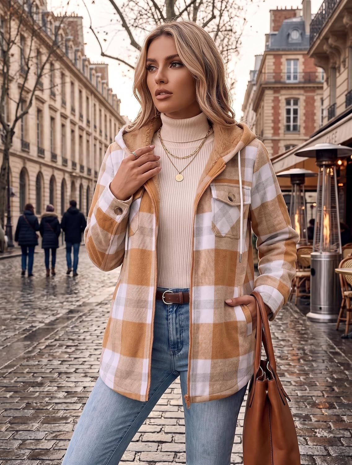 image:imageZeagoo Womens Flannel Jacket Plaid Fleece Lined Shacket Hooded Winter CoatsPumpkingw578
