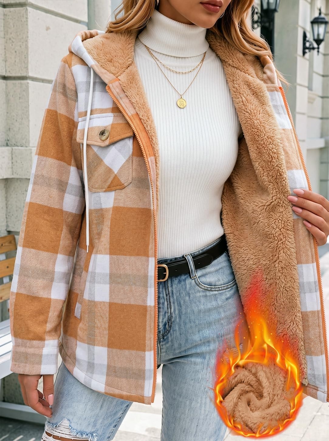 image:imageZeagoo Womens Flannel Jacket Plaid Fleece Lined Shacket Hooded Winter CoatsPumpkingw578