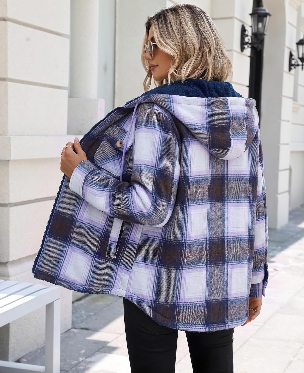 image:imageZeagoo Womens Flannel Jacket Plaid Fleece Lined Shacket Hooded Winter CoatsPurple Gw579