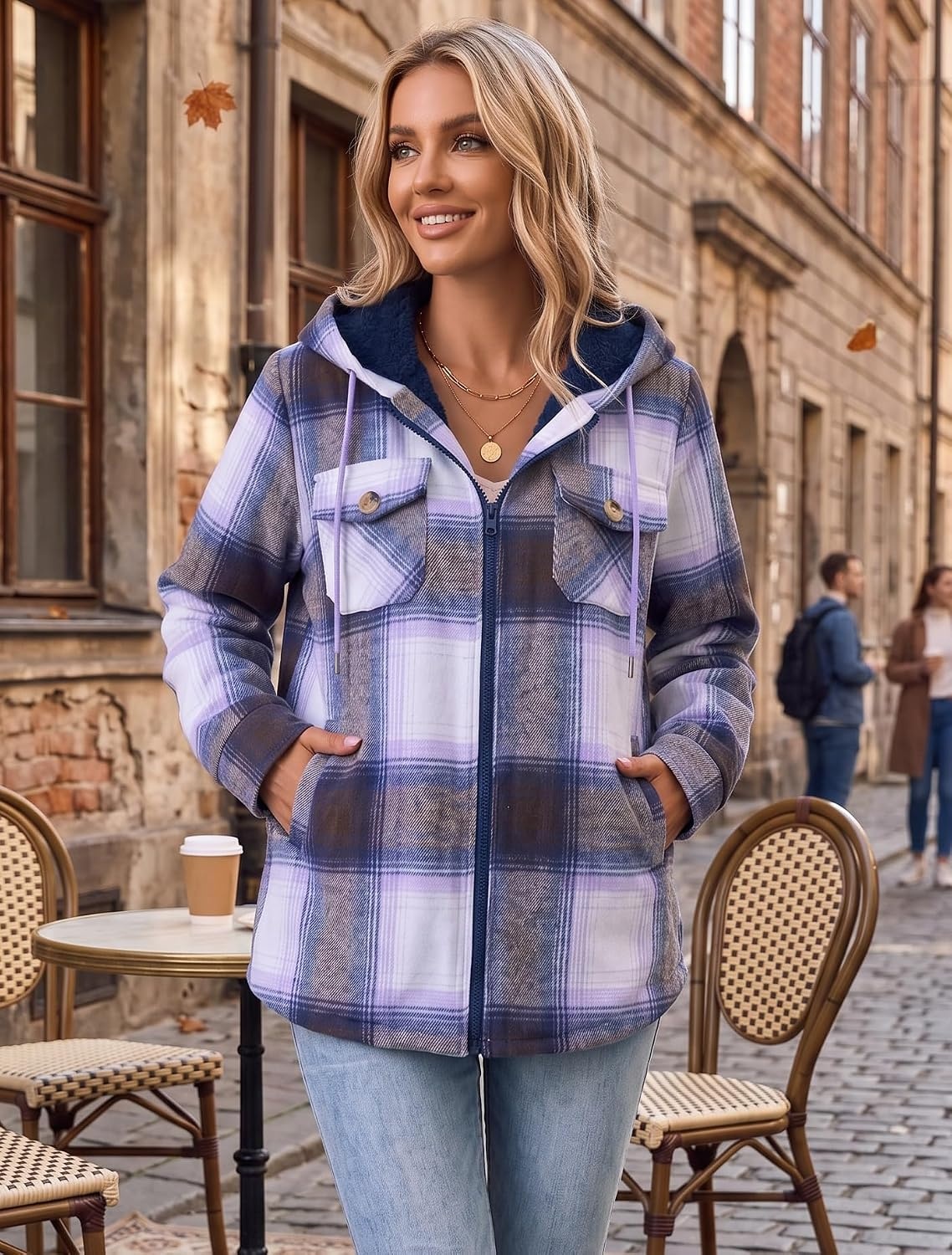 image:imageZeagoo Womens Flannel Jacket Plaid Fleece Lined Shacket Hooded Winter CoatsPurple Gw579
