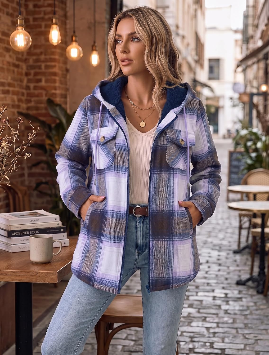 image:imageZeagoo Womens Flannel Jacket Plaid Fleece Lined Shacket Hooded Winter CoatsPurple Gw579