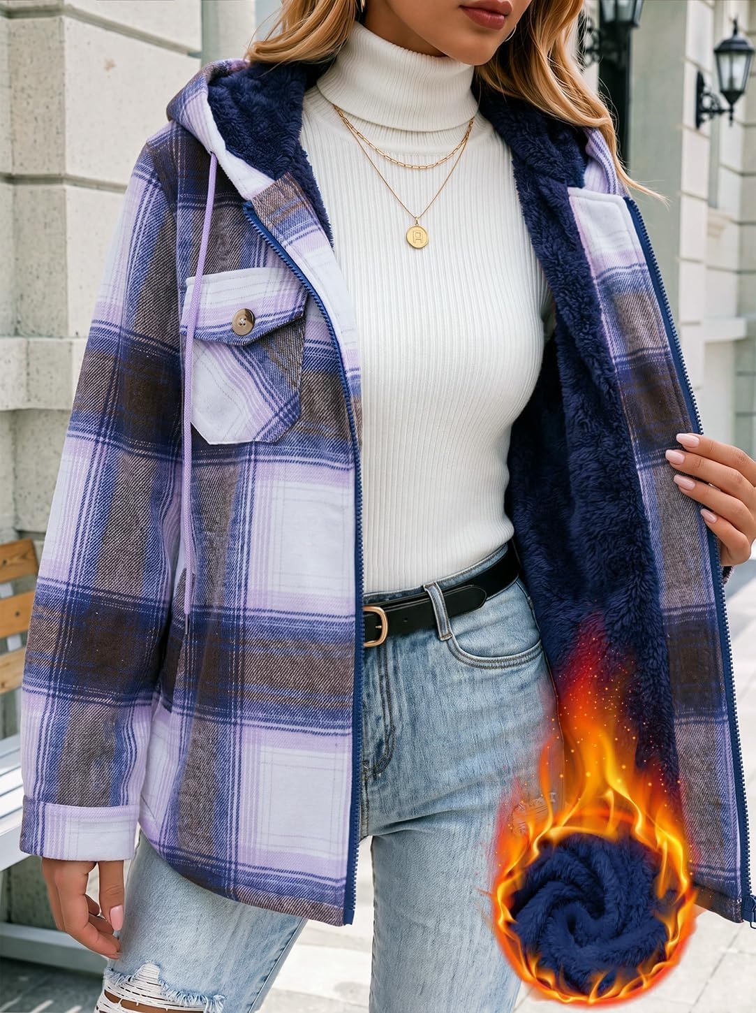 image:imageZeagoo Womens Flannel Jacket Plaid Fleece Lined Shacket Hooded Winter CoatsPurple Gw579