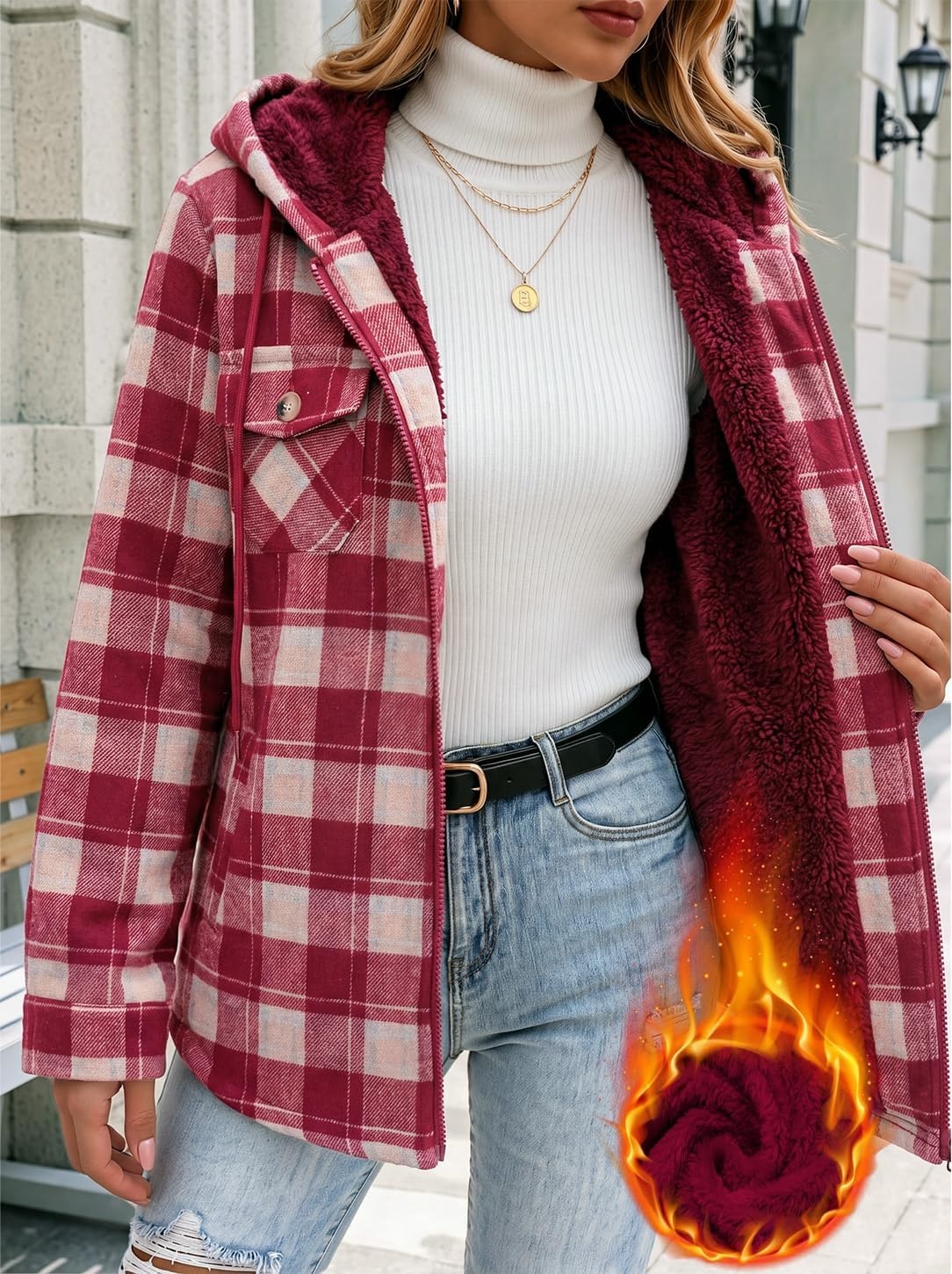 image:imageZeagoo Womens Flannel Jacket Plaid Fleece Lined Shacket Hooded Winter CoatsRed Gz851