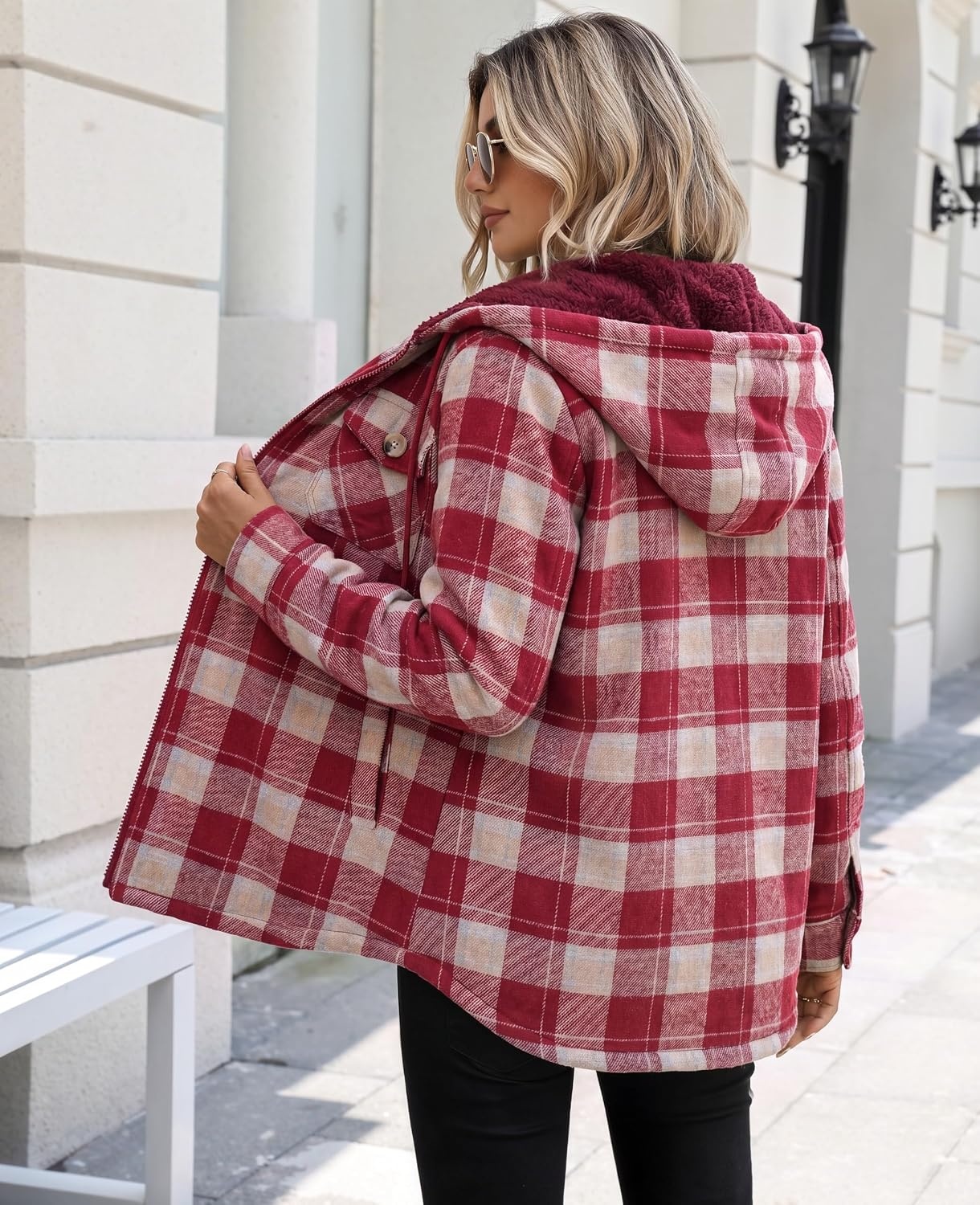 image:imageZeagoo Womens Flannel Jacket Plaid Fleece Lined Shacket Hooded Winter CoatsRed Gz851