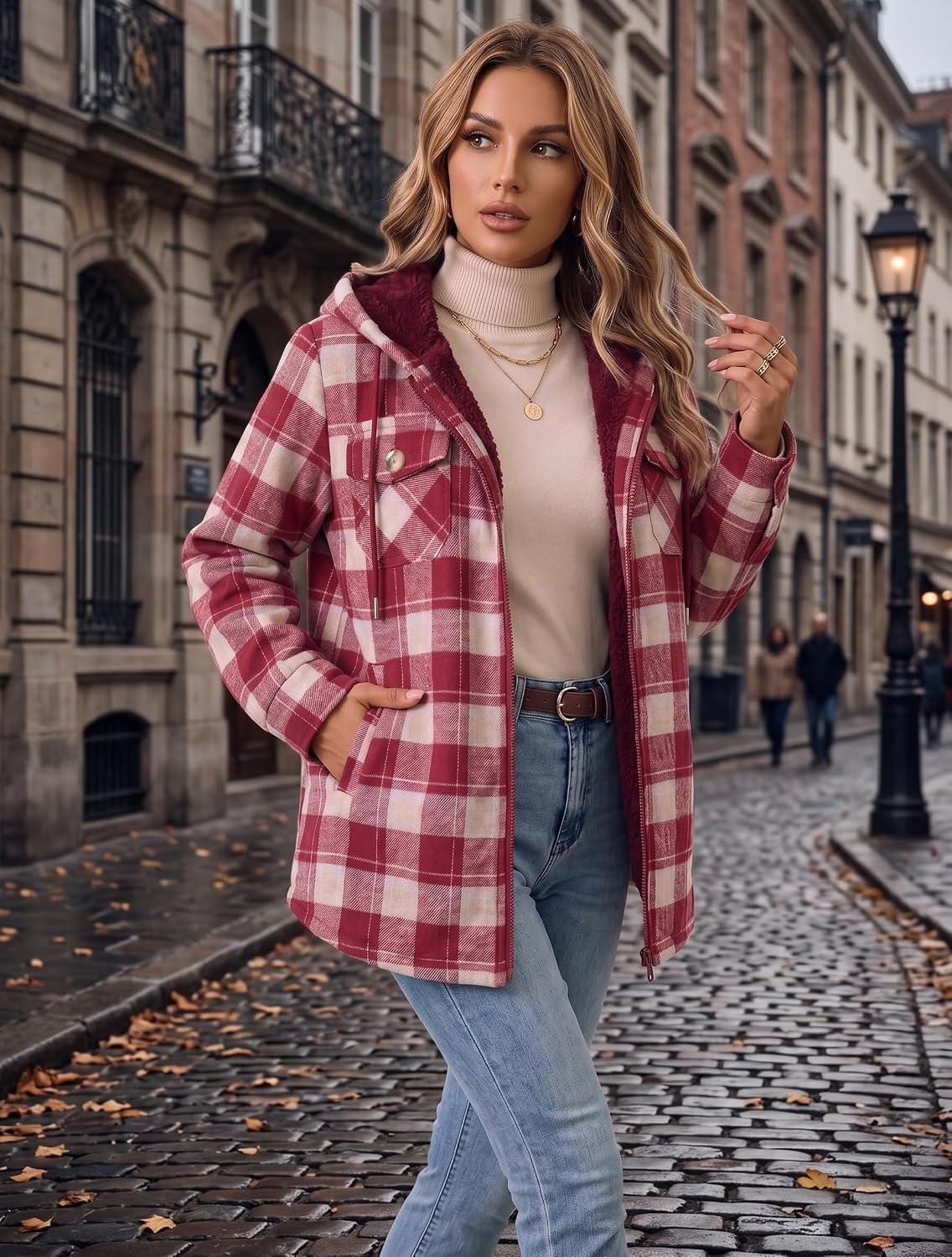 image:imageZeagoo Womens Flannel Jacket Plaid Fleece Lined Shacket Hooded Winter CoatsRed Gz851
