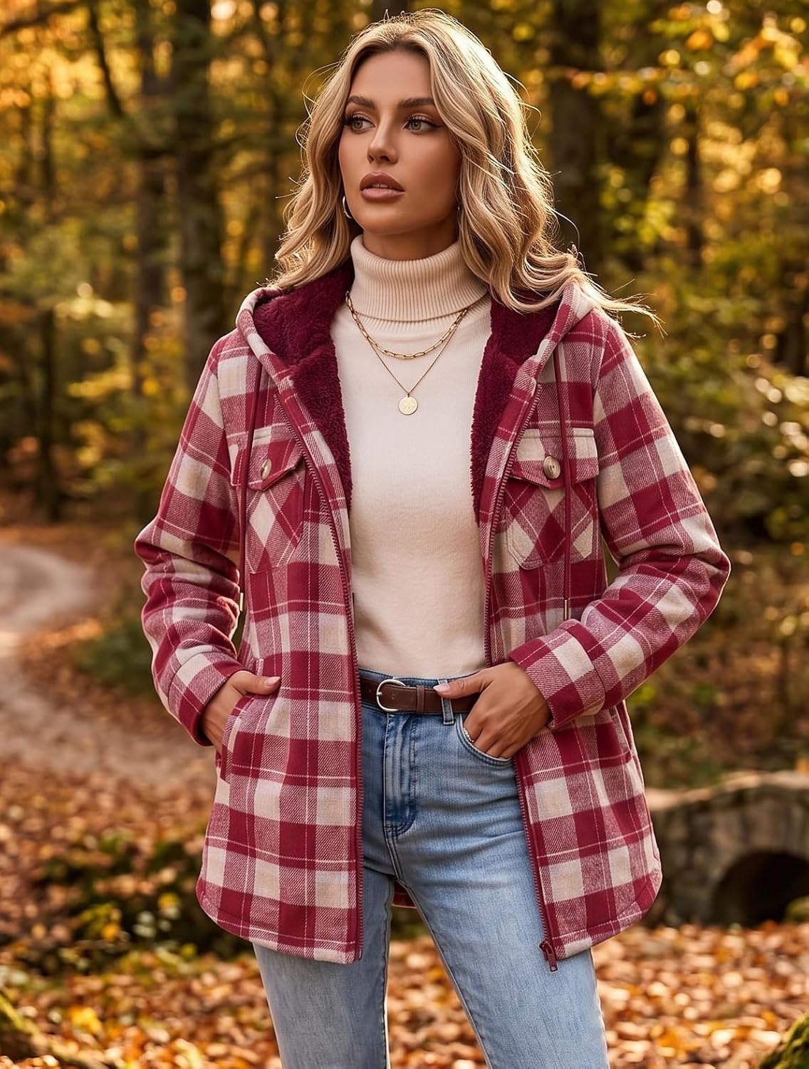 image:imageZeagoo Womens Flannel Jacket Plaid Fleece Lined Shacket Hooded Winter CoatsRed Gz851