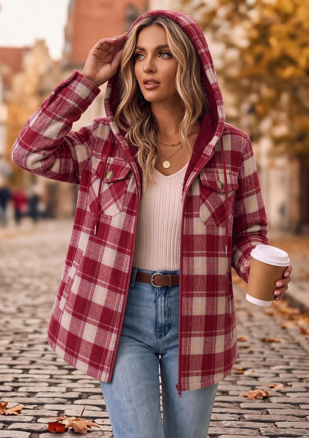 image:imageZeagoo Womens Flannel Jacket Plaid Fleece Lined Shacket Hooded Winter CoatsRed Gz851