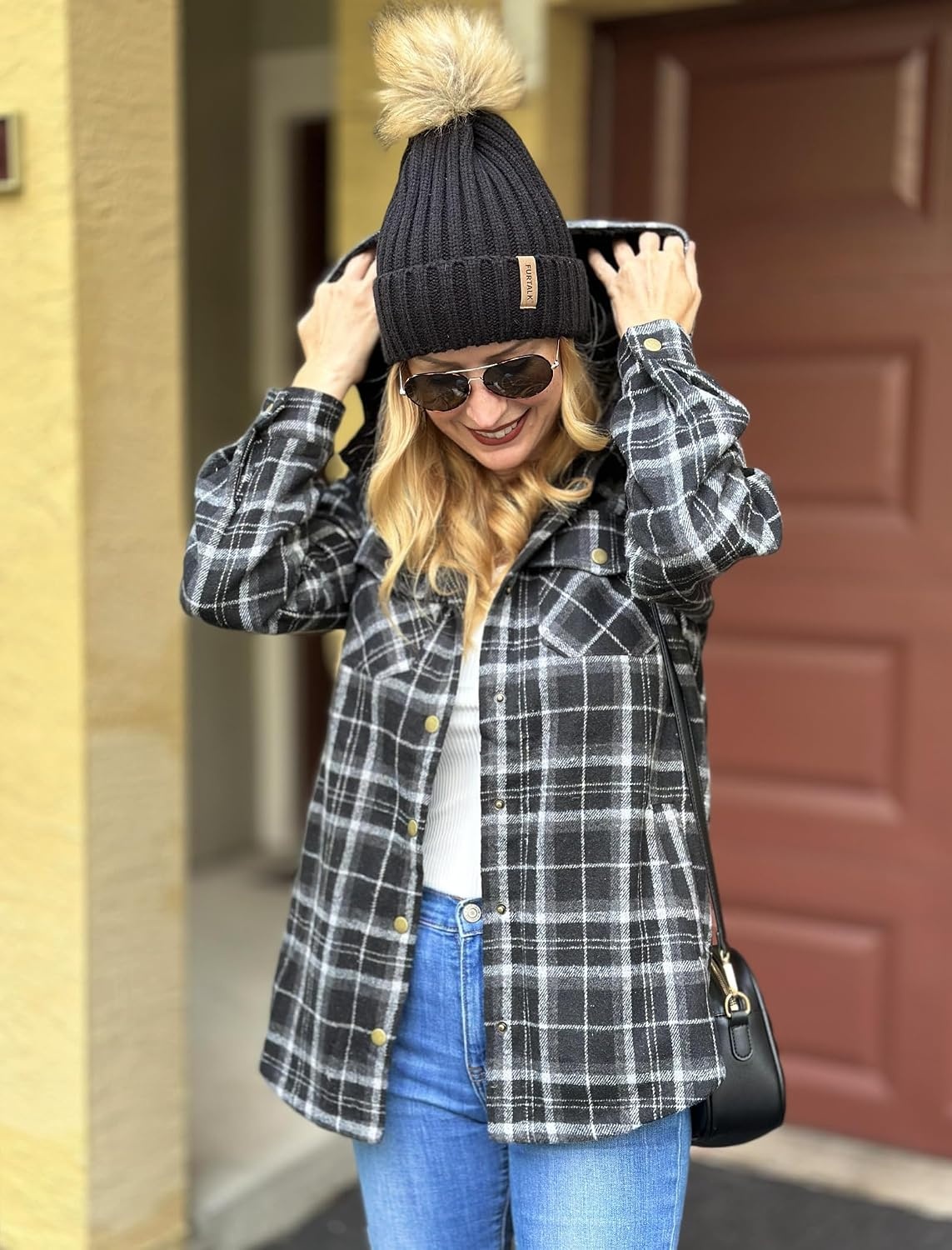 image:imageZeagoo Womens Flannel Plaid Jacket Fleece Lined Shacket Hooded Warm CoatBlack