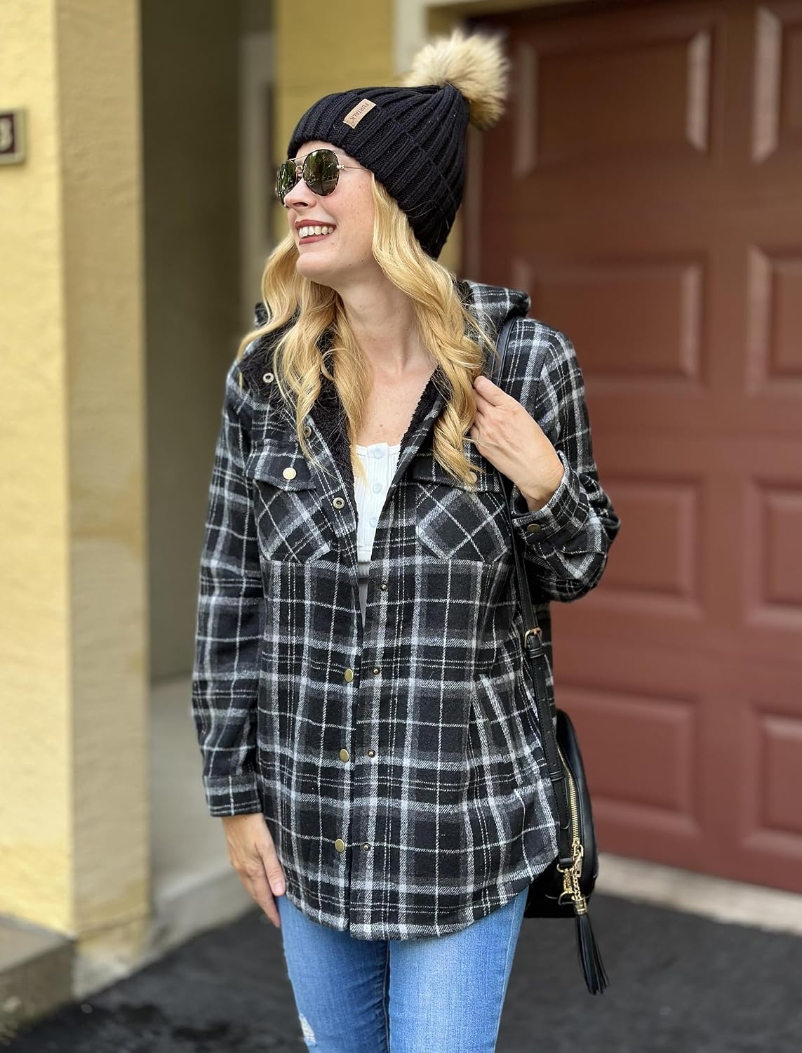 image:imageZeagoo Womens Flannel Plaid Jacket Fleece Lined Shacket Hooded Warm CoatBlack
