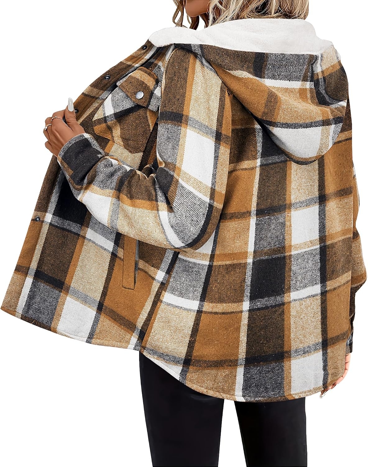 image:imageZeagoo Womens Flannel Plaid Jacket Fleece Lined Shacket Hooded Warm CoatBrown Plaid