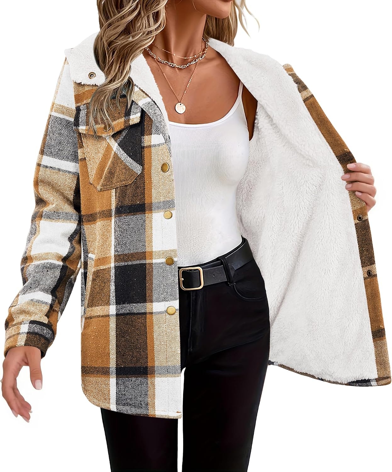 image:imageZeagoo Womens Flannel Plaid Jacket Fleece Lined Shacket Hooded Warm CoatBrown Plaid