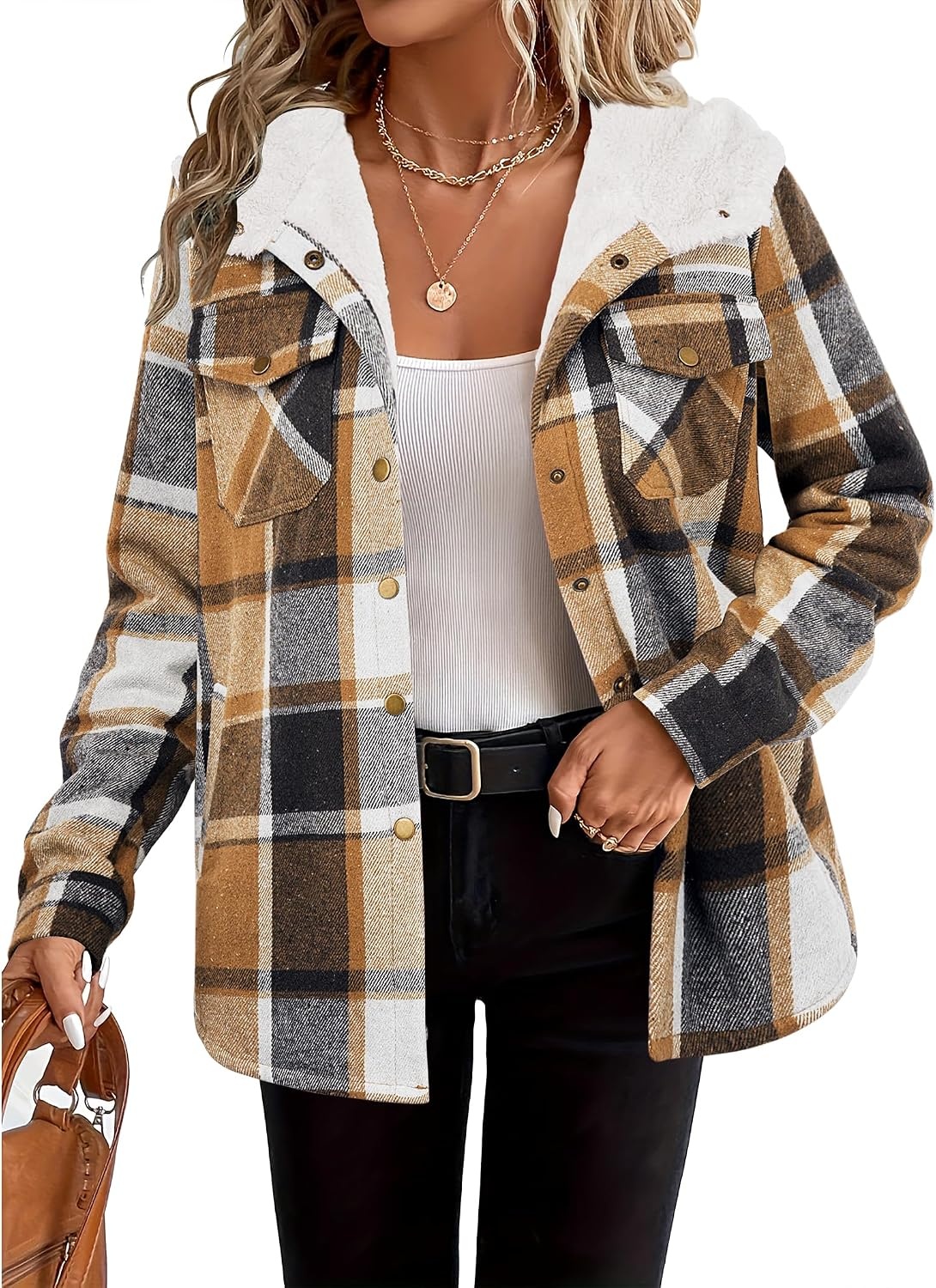 image:imageZeagoo Womens Flannel Plaid Jacket Fleece Lined Shacket Hooded Warm CoatBrown Plaid