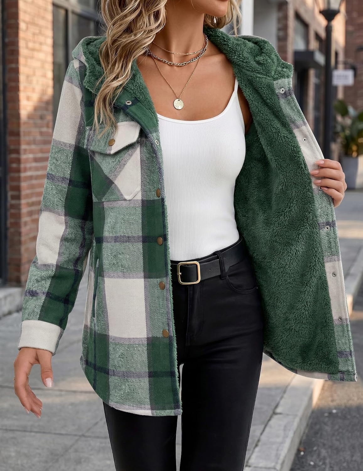 image:imageZeagoo Womens Flannel Plaid Jacket Fleece Lined Shacket Hooded Warm CoatGreen Plaid