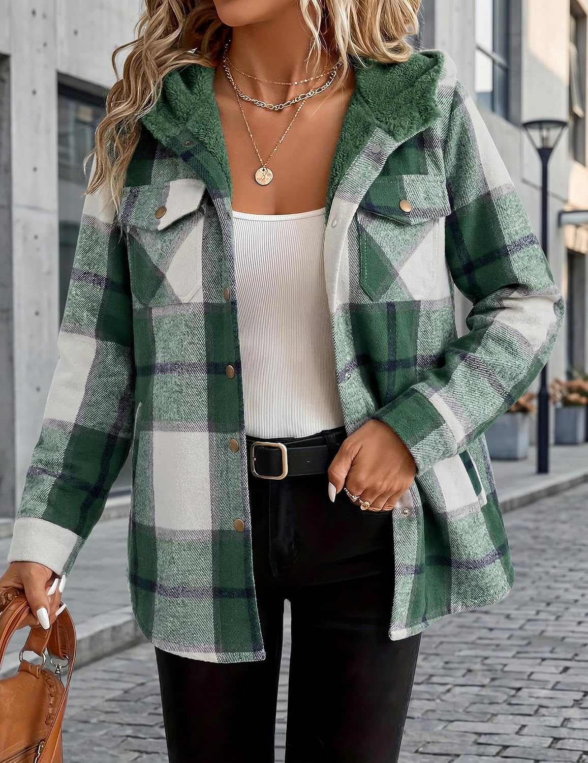 image:imageZeagoo Womens Flannel Plaid Jacket Fleece Lined Shacket Hooded Warm CoatGreen Plaid