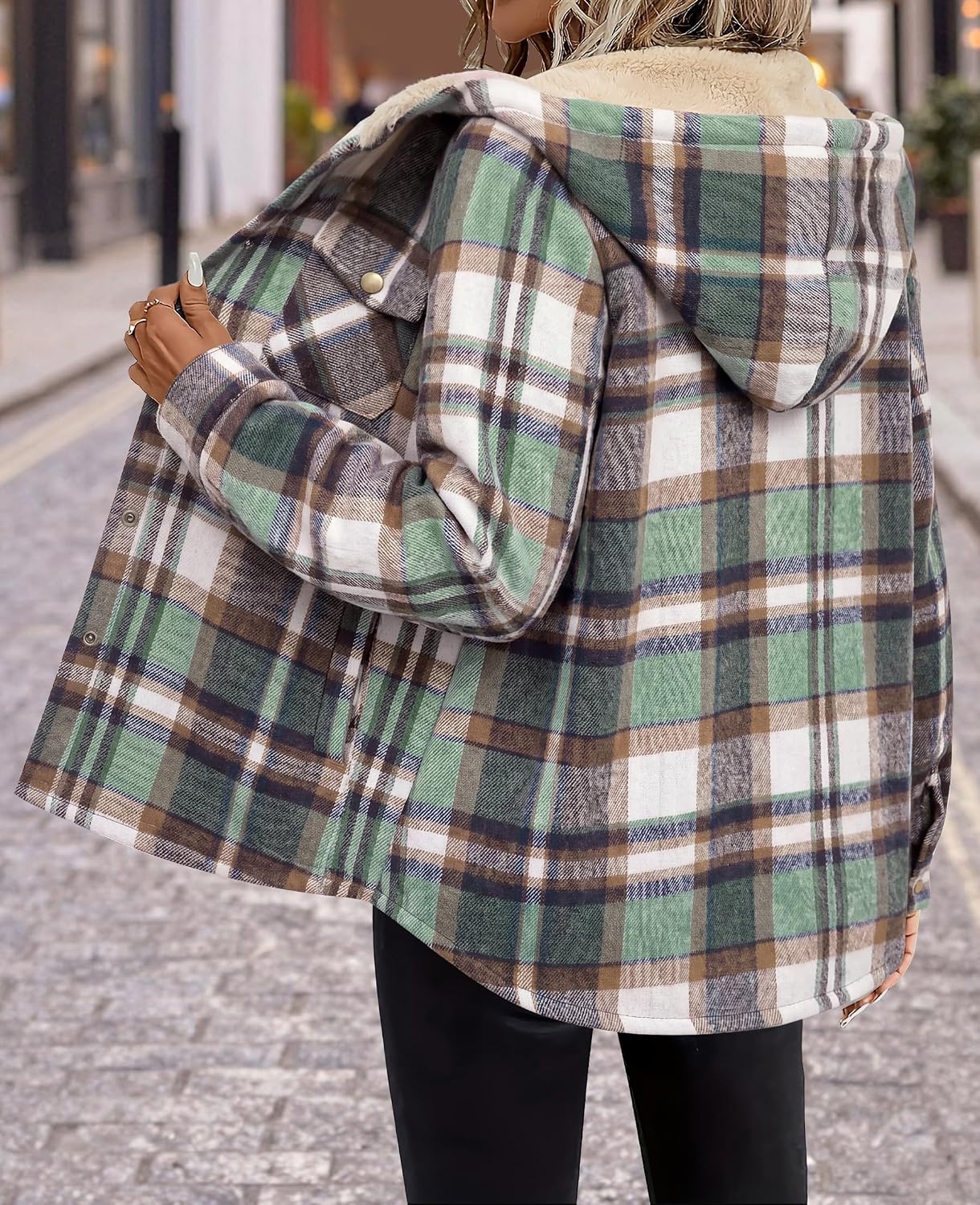 image:imageZeagoo Womens Flannel Plaid Jacket Fleece Lined Shacket Hooded Warm CoatGreengw552