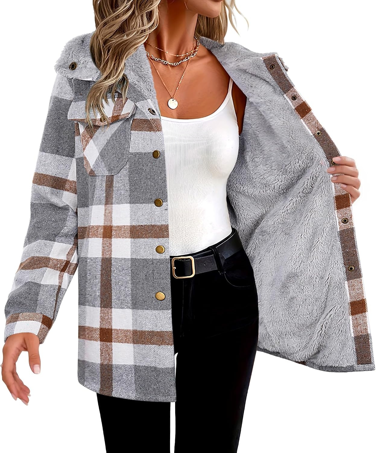 image:imageZeagoo Womens Flannel Plaid Jacket Fleece Lined Shacket Hooded Warm CoatGrey Plaid
