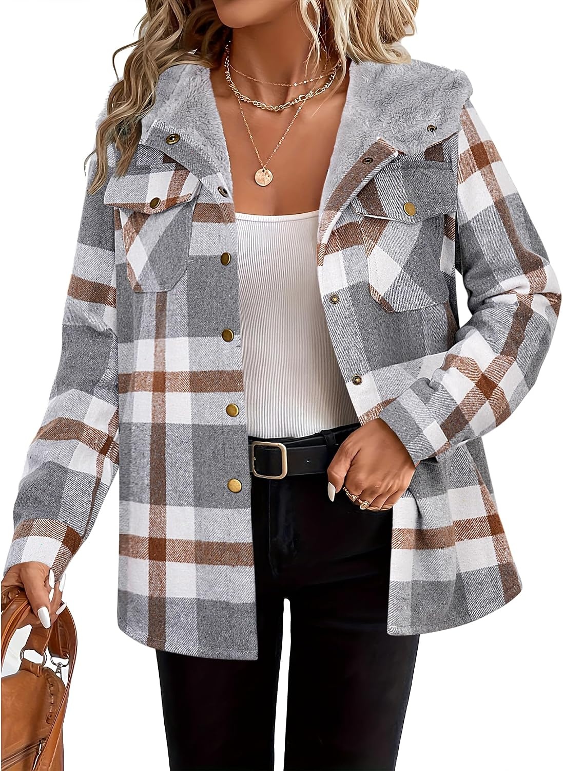 image:imageZeagoo Womens Flannel Plaid Jacket Fleece Lined Shacket Hooded Warm CoatGrey Plaid