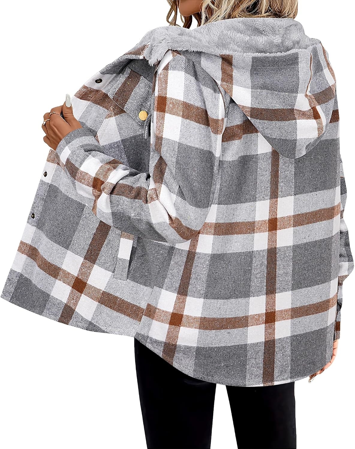 image:imageZeagoo Womens Flannel Plaid Jacket Fleece Lined Shacket Hooded Warm CoatGrey Plaid