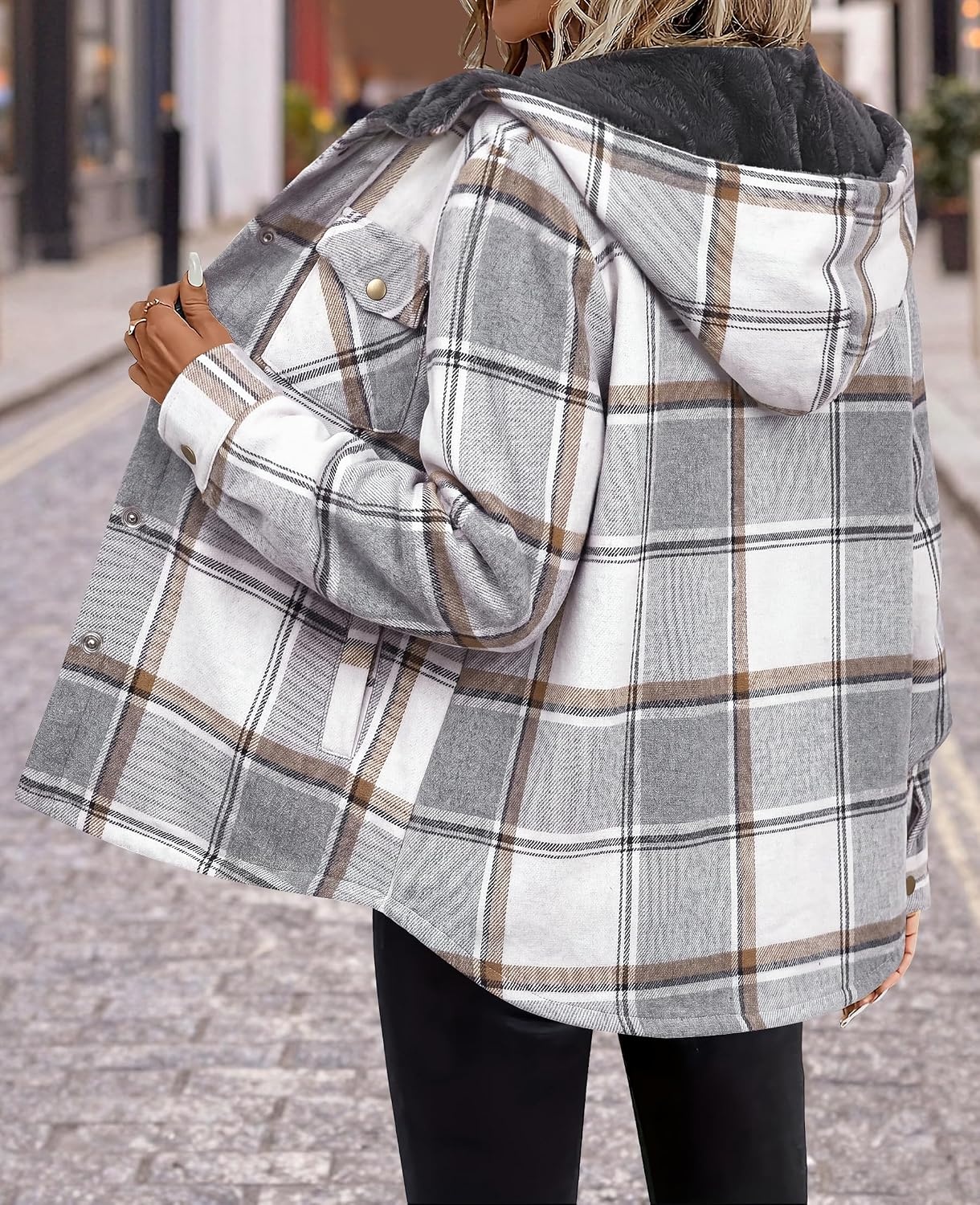 image:imageZeagoo Womens Flannel Plaid Jacket Fleece Lined Shacket Hooded Warm CoatGreygw568