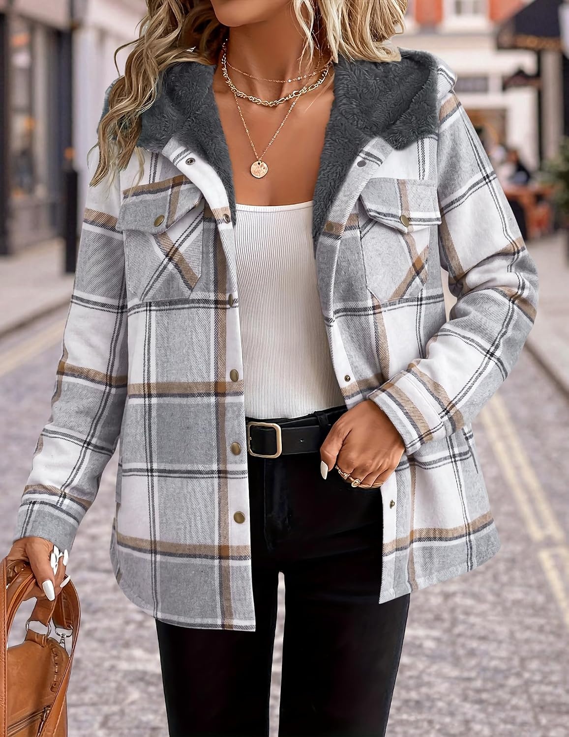 image:imageZeagoo Womens Flannel Plaid Jacket Fleece Lined Shacket Hooded Warm CoatGreygw568