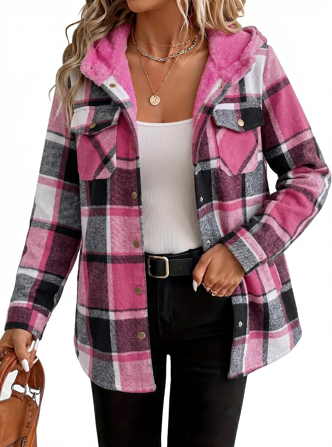 image:imageZeagoo Womens Flannel Plaid Jacket Fleece Lined Shacket Hooded Warm CoatHot Pink Plaid