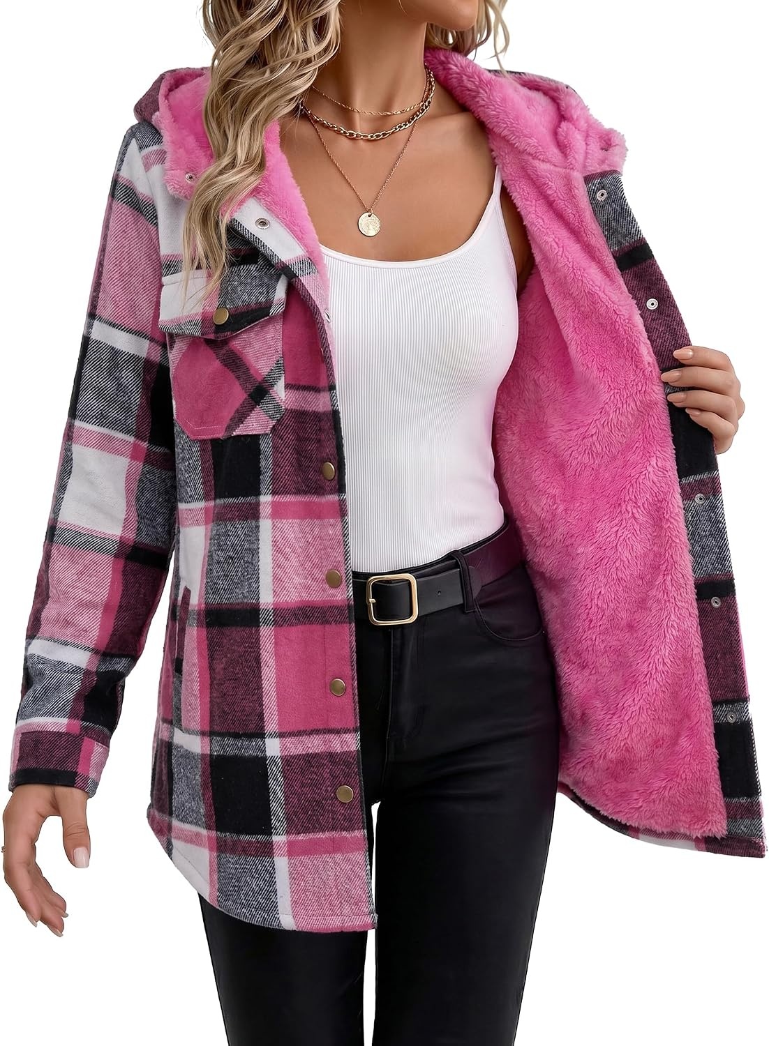 image:imageZeagoo Womens Flannel Plaid Jacket Fleece Lined Shacket Hooded Warm CoatHot Pink Plaid