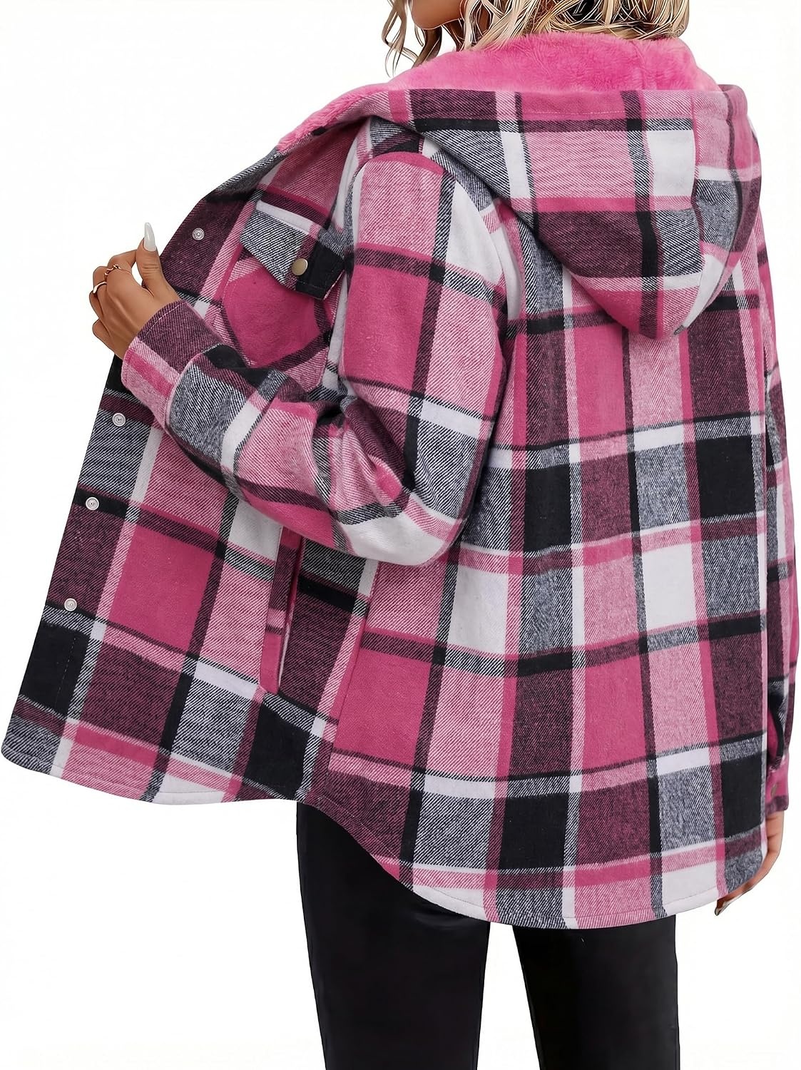 image:imageZeagoo Womens Flannel Plaid Jacket Fleece Lined Shacket Hooded Warm CoatHot Pink Plaid