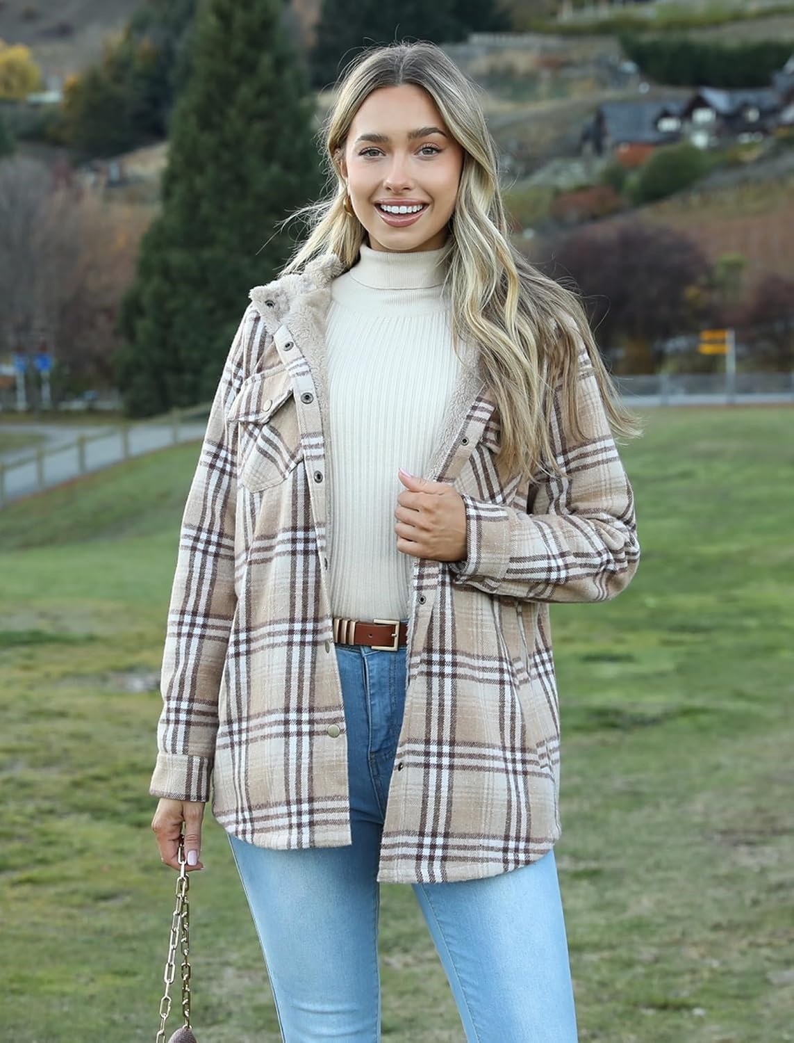 image:imageZeagoo Womens Flannel Plaid Jacket Fleece Lined Shacket Hooded Warm CoatKhaki