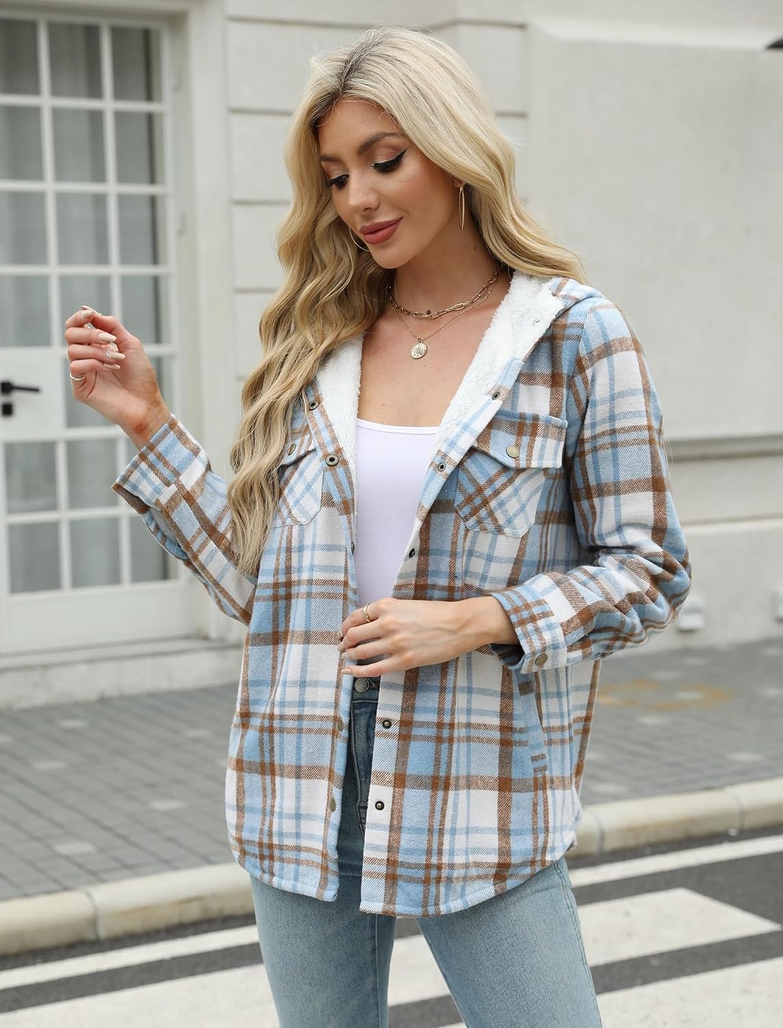image:imageZeagoo Womens Flannel Plaid Jacket Fleece Lined Shacket Hooded Warm CoatLight Blue