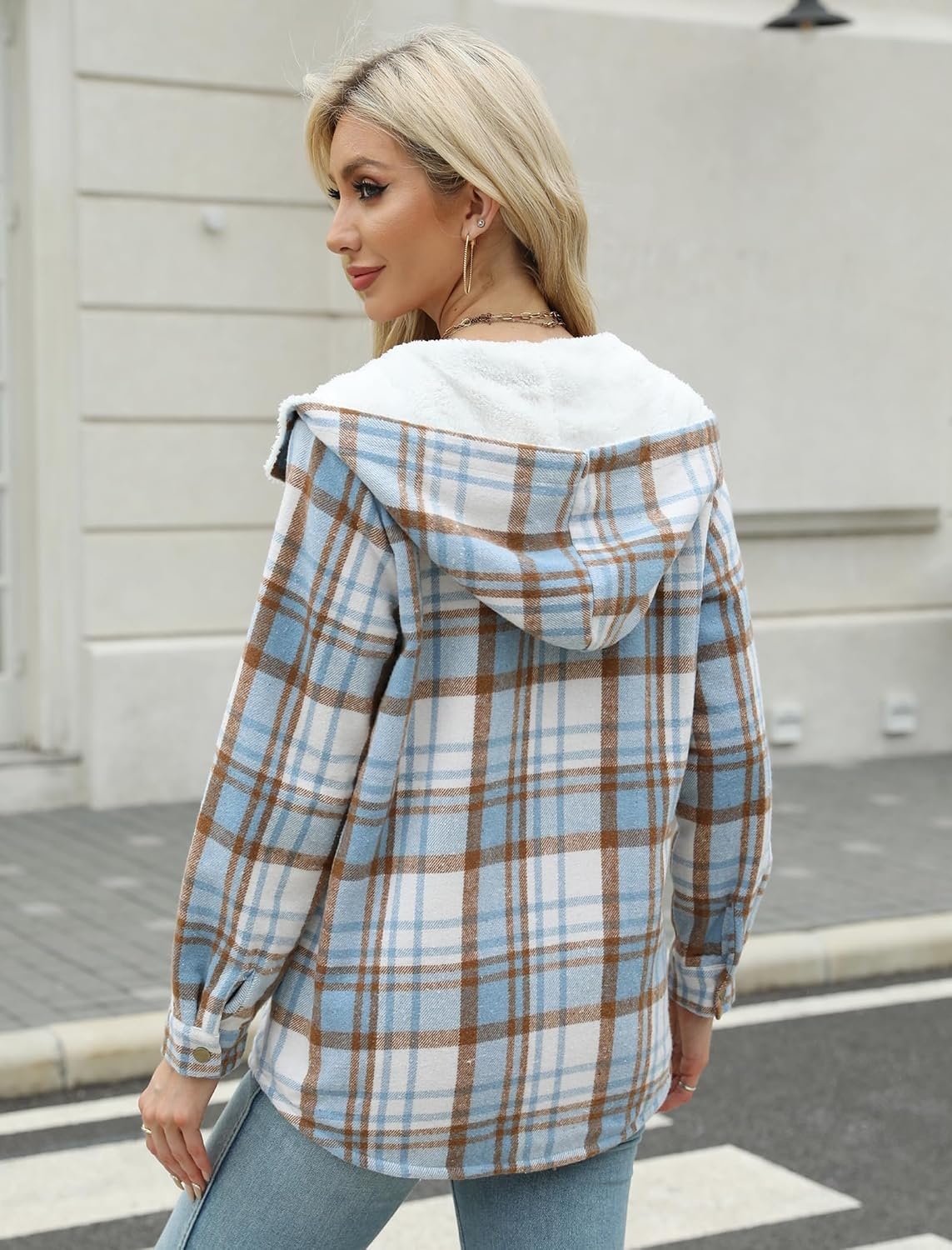 image:imageZeagoo Womens Flannel Plaid Jacket Fleece Lined Shacket Hooded Warm CoatLight Blue