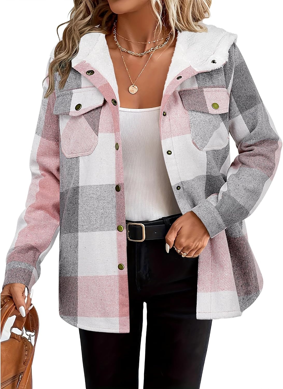 image:imageZeagoo Womens Flannel Plaid Jacket Fleece Lined Shacket Hooded Warm CoatLight Pink Plaid